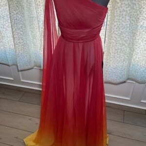Mac Duggal leena Sunset Dress with Vibrant Red, to Orange to Yellow Gown.